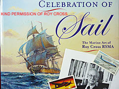 Composite image of Roy, cover of his book Celebration of Sail and a couple of Brooke Bond collectors cards
