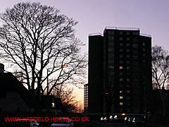 Goldings House at dusk from Link Drive