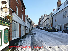 Snow covered Fore Street from the base of the hill