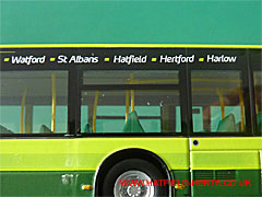 Close up of destination strip on side of the bus showing Hatfield as a stop