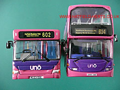 Corgi Dennis Dart SLF and Britbus Scania Omnidekka side by side, seen from head on