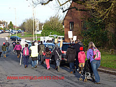 Marchers at the roundabout of the Great North Road, Brocket Road and Stanborough Road