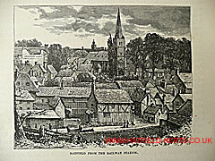 Engraving of Hatfield old town showing St Ethelredas with steeple and Salisbury Arms